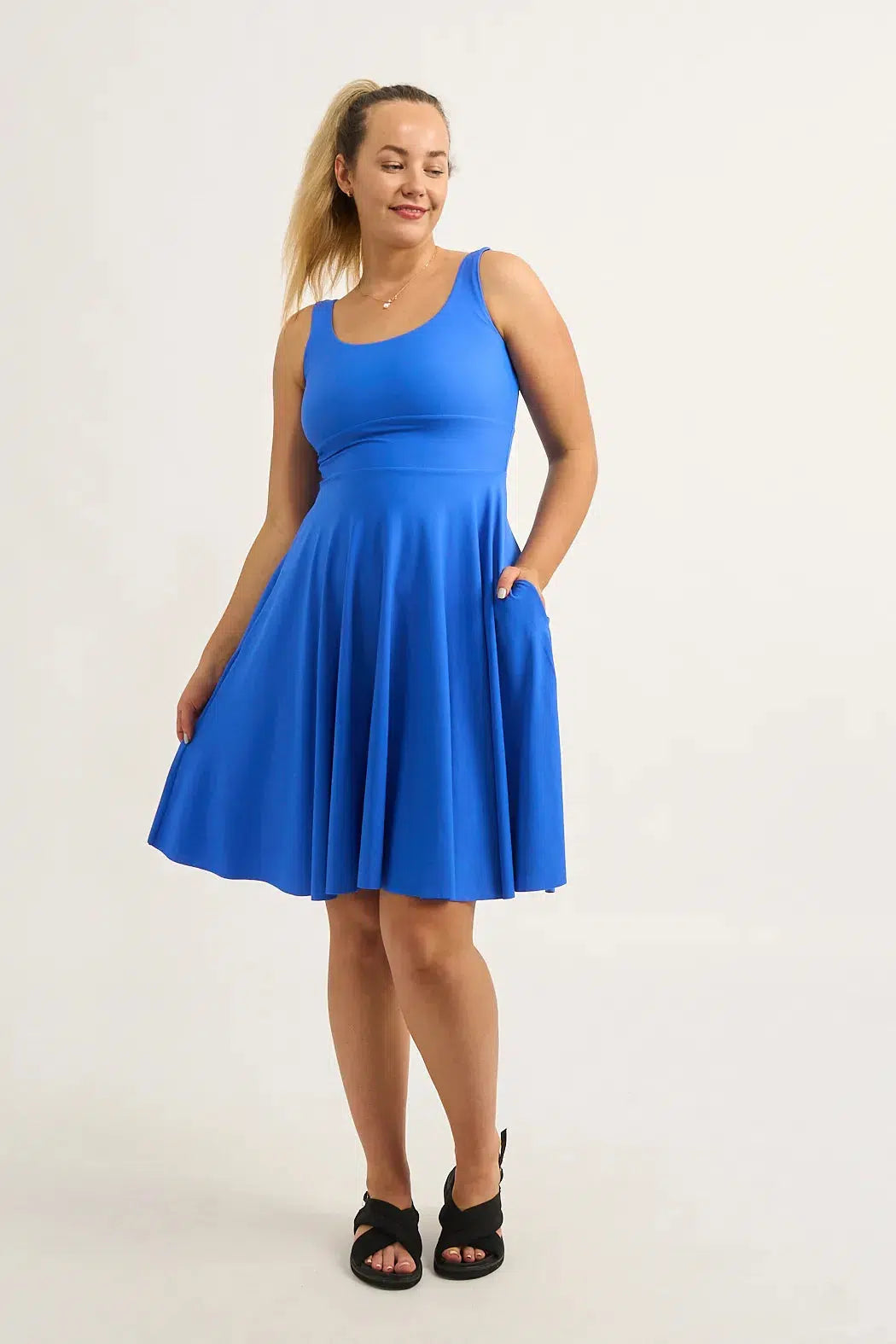 Electric Blue Silky - Scoop Neck Comfort Crop Midi Dress W/ Pockets-9358328335535-Activewear-Exoticathletica