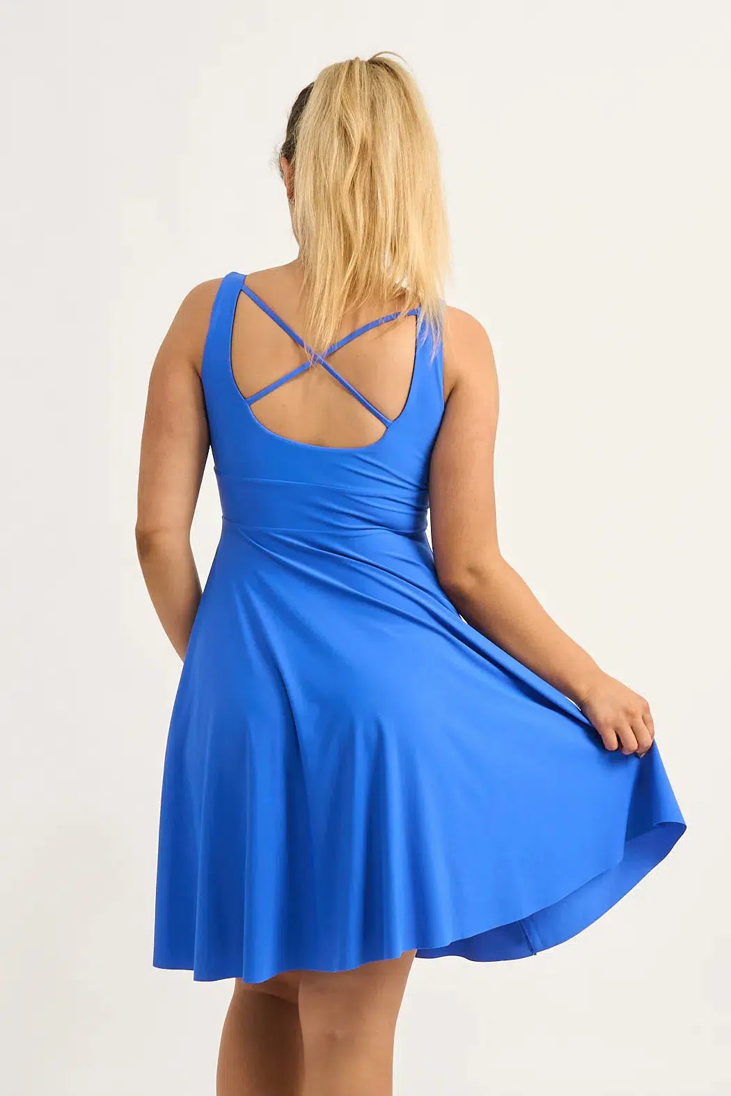 Electric Blue Silky - Scoop Neck Comfort Crop Midi Dress W/ Pockets-Activewear-Exoticathletica