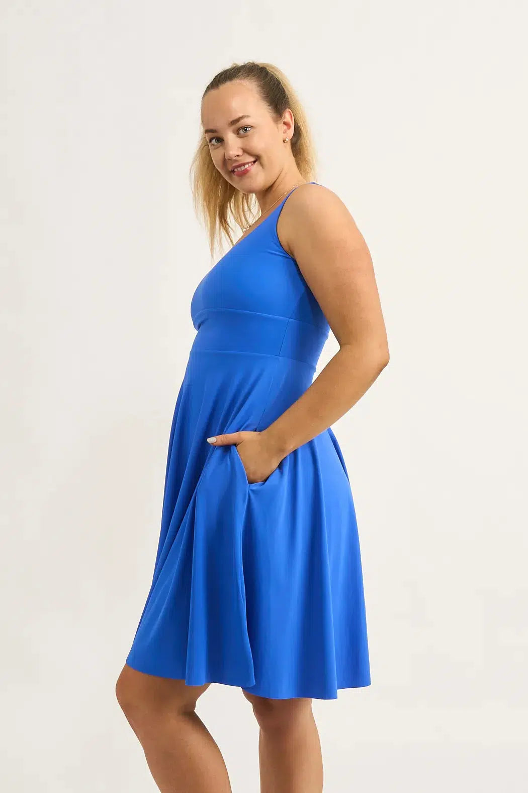 Electric Blue Silky - Scoop Neck Comfort Crop Midi Dress W/ Pockets-Activewear-Exoticathletica