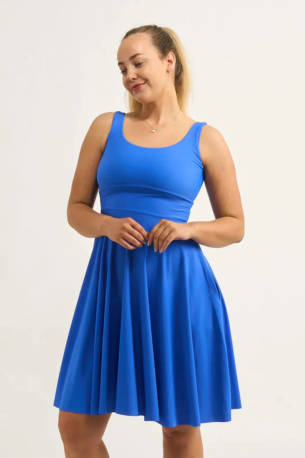 Electric Blue Silky - Scoop Neck Comfort Crop Midi Dress W/ Pockets-Activewear-Exoticathletica