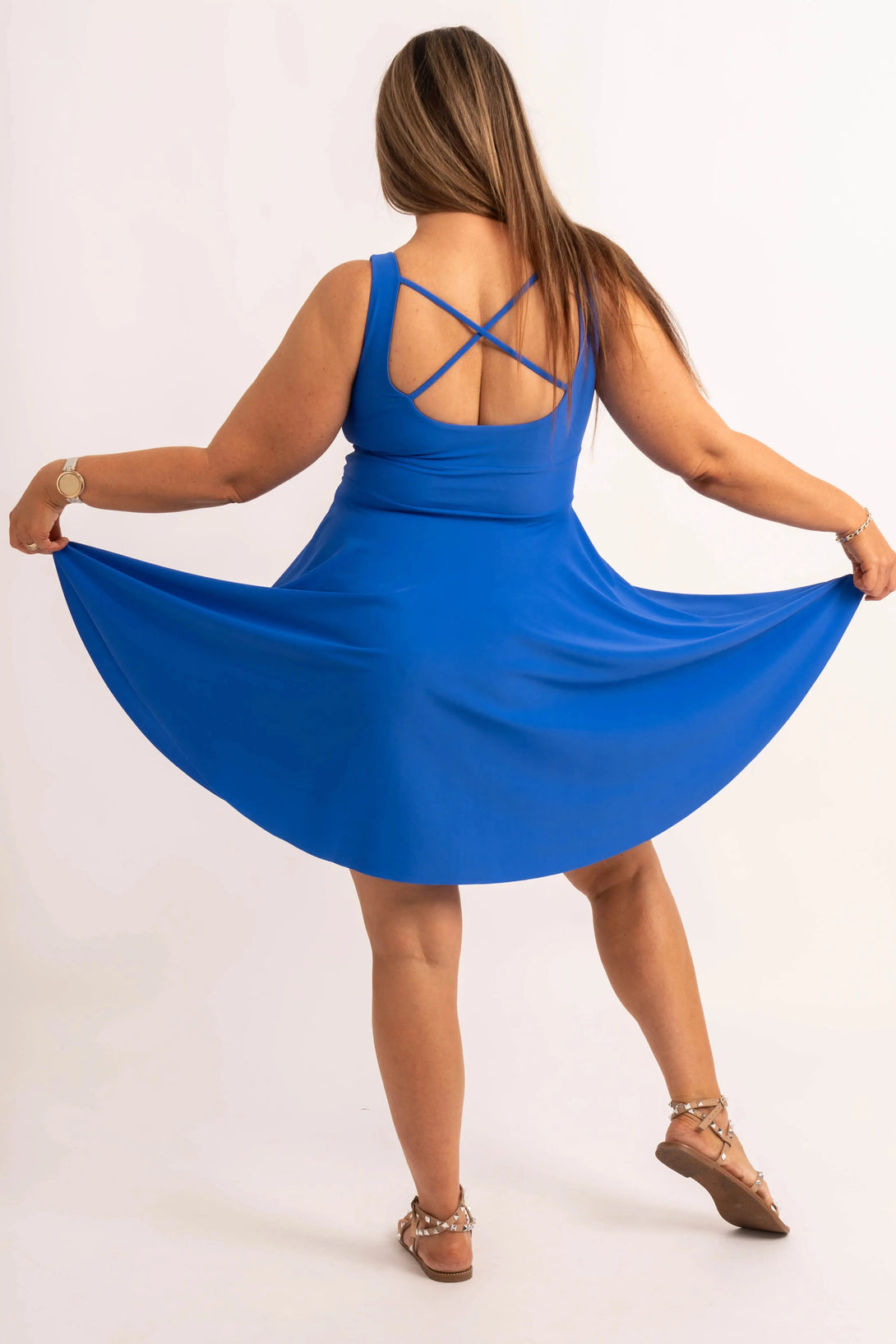 Electric Blue Silky - Scoop Neck Comfort Crop Mini Dress-Activewear-Exoticathletica