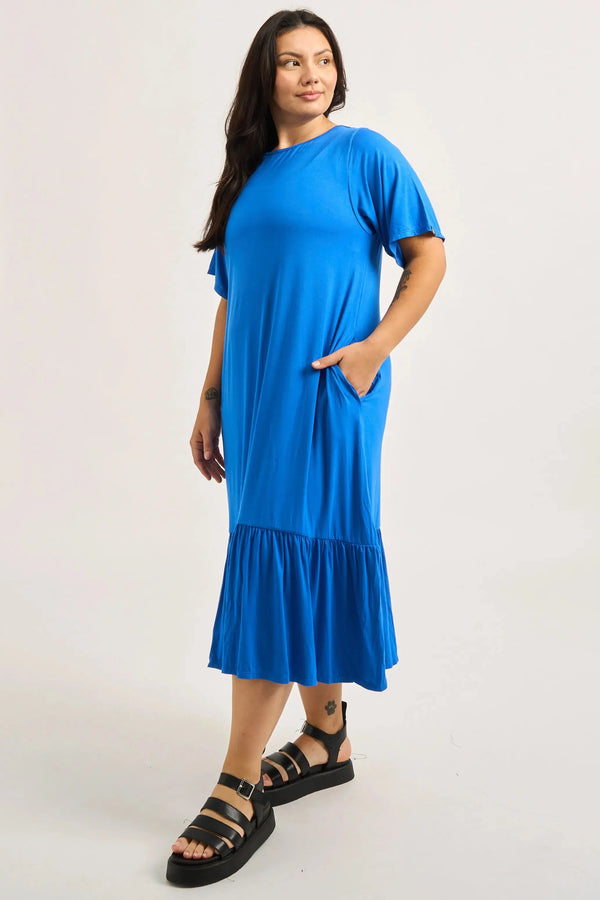 Electric Blue Slinky To Touch - Lazy Girl Ruffle Dress-Activewear-Exoticathletica