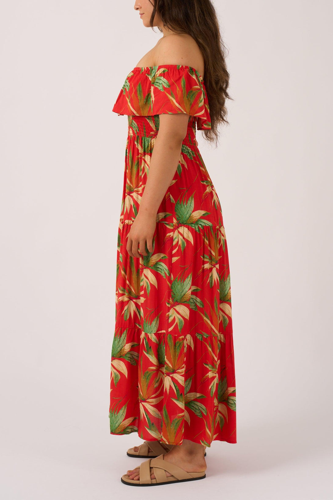 Flame Tropico Sustainable Viscose - Shirred Ruffle Maxi Dress-Activewear-Exoticathletica