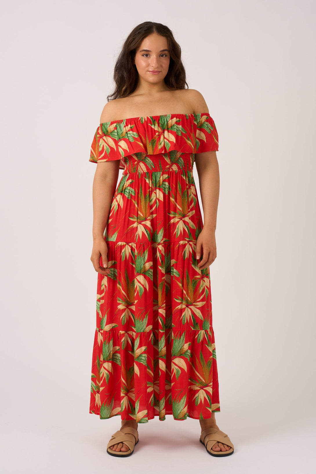 Flame Tropico Sustainable Viscose - Shirred Ruffle Maxi Dress-Activewear-Exoticathletica