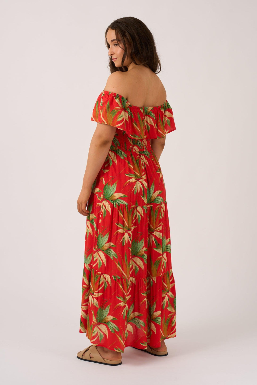 Flame Tropico Sustainable Viscose - Shirred Ruffle Maxi Dress-Activewear-Exoticathletica