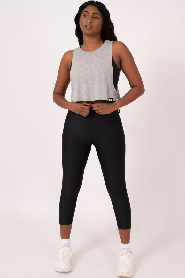 Heather Grey Slinky To Touch - Cropped Drop Arm Muscle Tank-Activewear-Exoticathletica