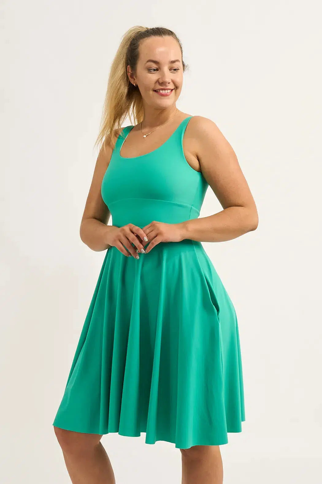 Jade Silky - Scoop Neck Comfort Crop Midi Dress W/ Pockets-Activewear-Exoticathletica