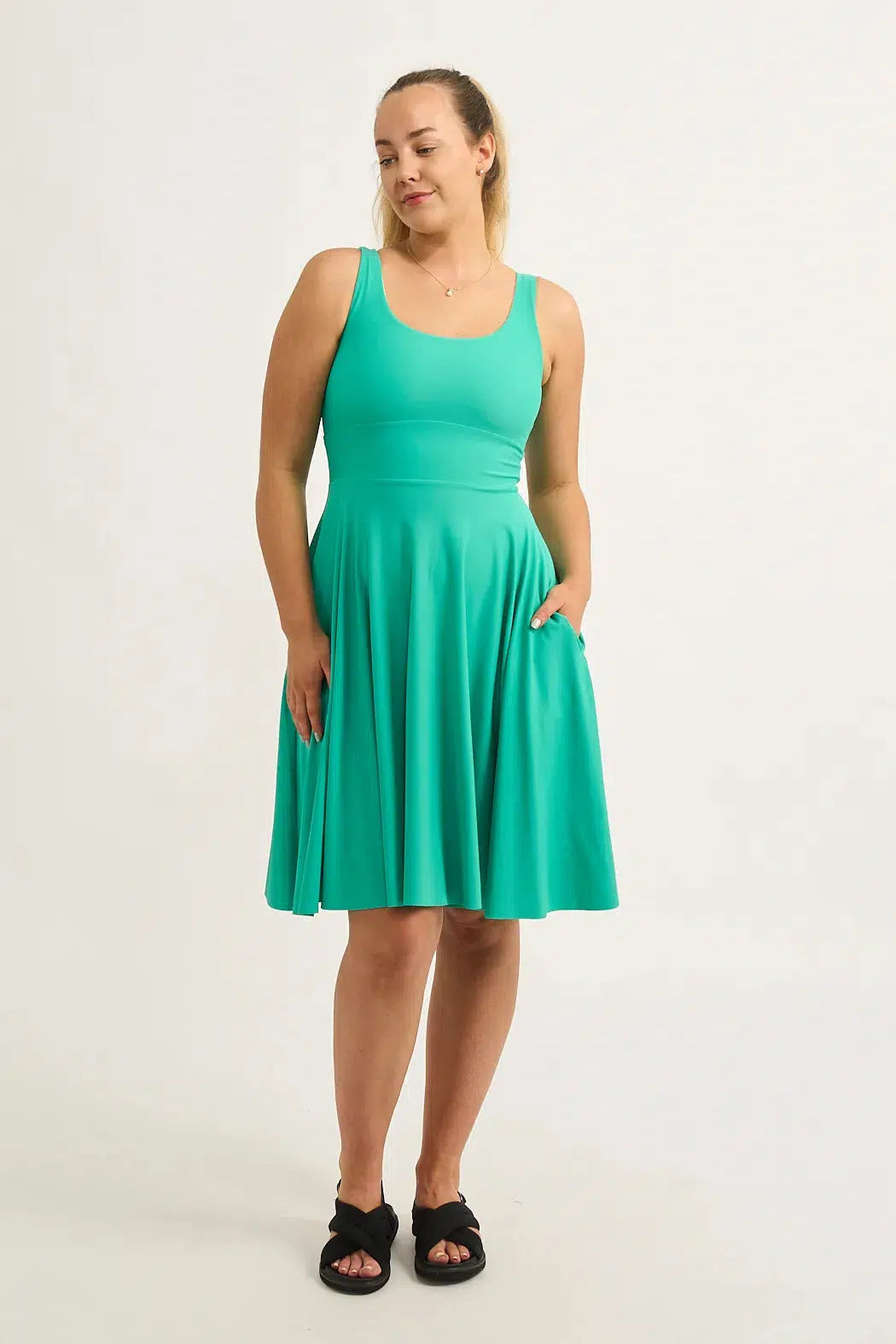 Jade Silky - Scoop Neck Comfort Crop Midi Dress W/ Pockets-Activewear-Exoticathletica