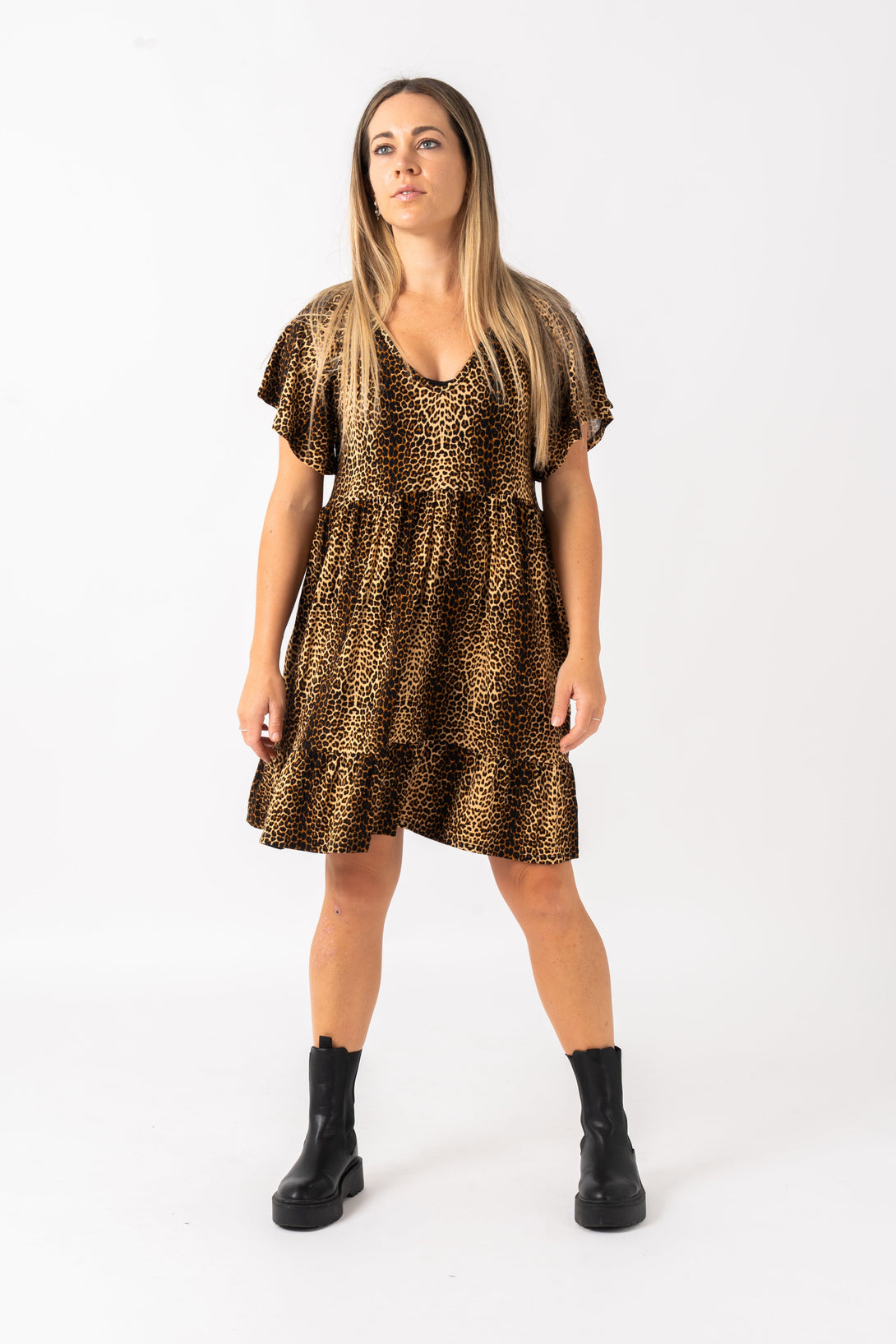 Jag Swag Slinky To Touch - Baby Doll V Neck Tiered Mini Dress-Activewear-Exoticathletica