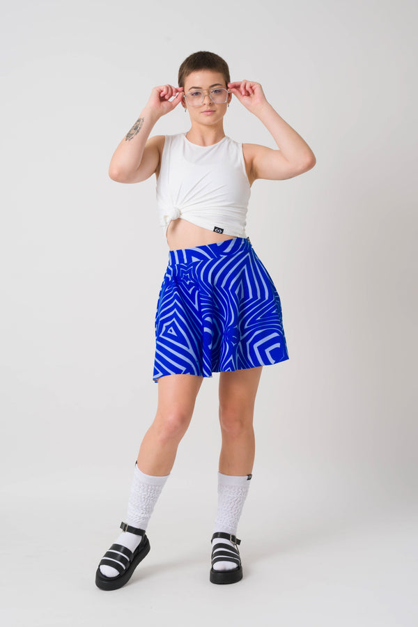 Lady Labyrinth Blue Silky - Narrow Waisted Mini Skater Skirt-Activewear-Exoticathletica
