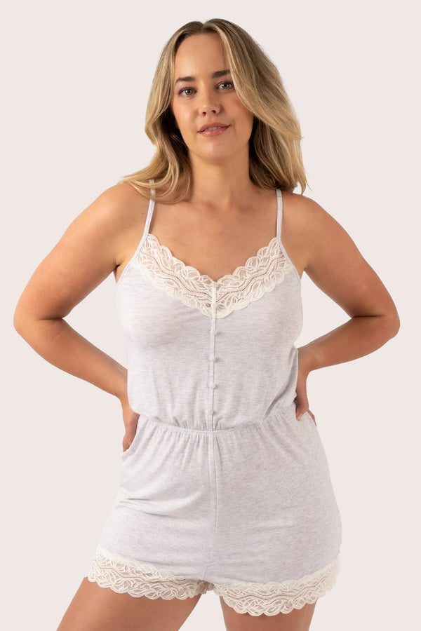 Light Grey Modal - Lace Trim Playsuit-9358328297451-Activewear-Exoticathletica