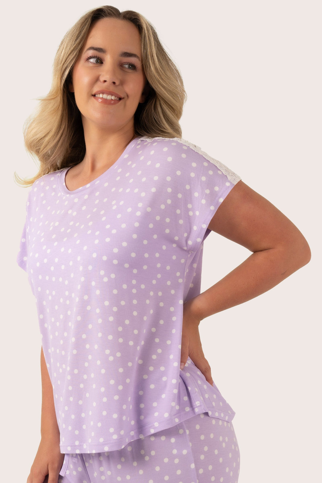 Lilac Spot Modal - Lace Trim T-Shirt-Activewear-Exoticathletica