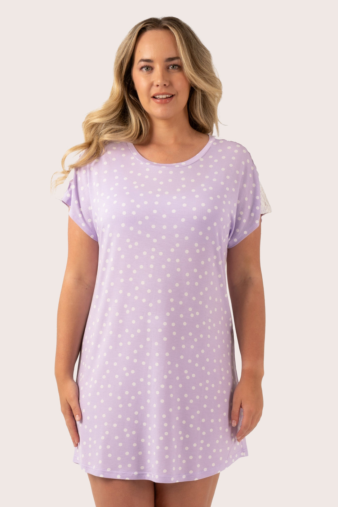 Lilac Spot Modal - Lace Trim T-Shirt Nightie-Activewear-Exoticathletica