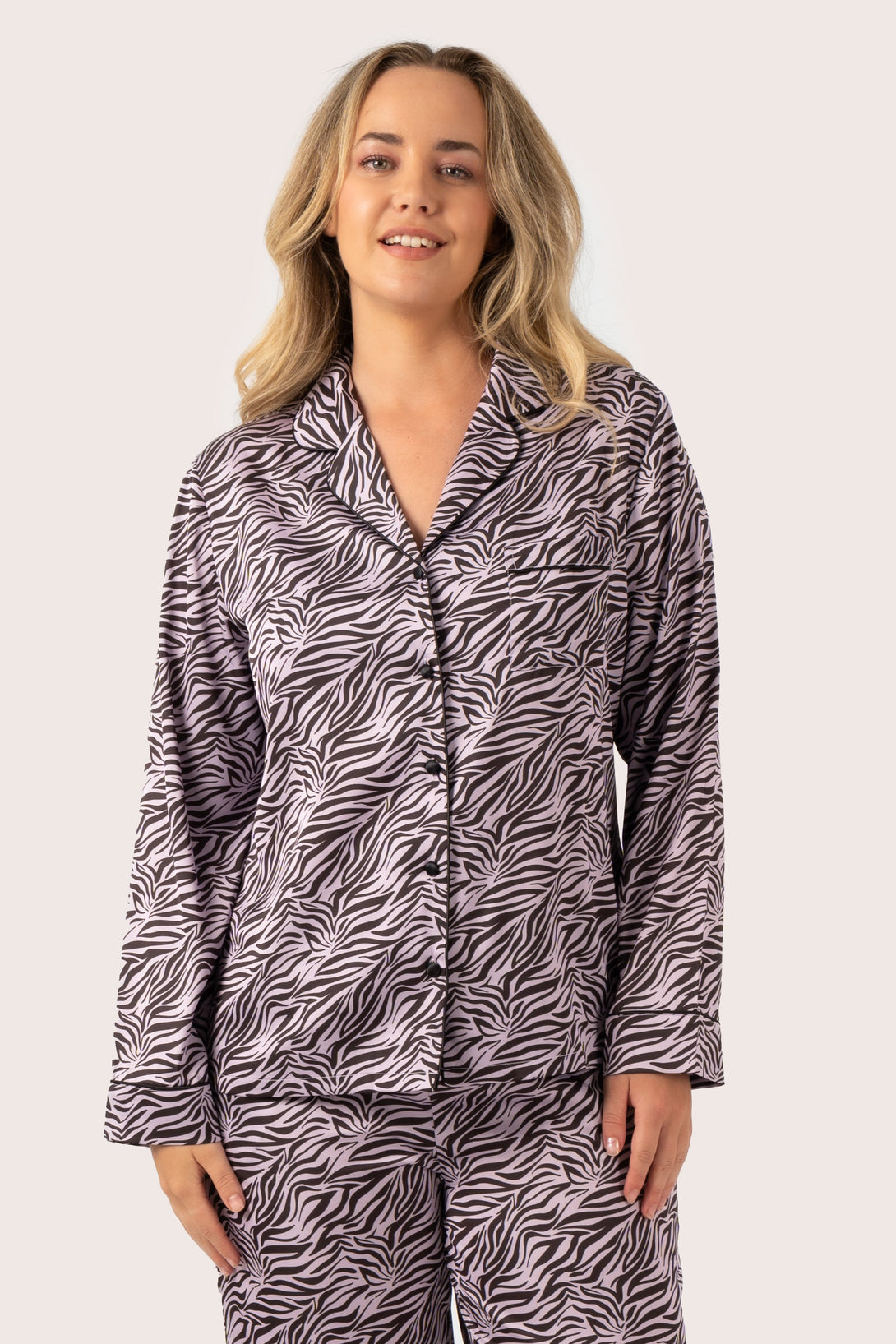 Lilac Wild Zebra Satin - Long Sleeve Button Up Shirt & Pants Pyjama Set-Activewear-Exoticathletica