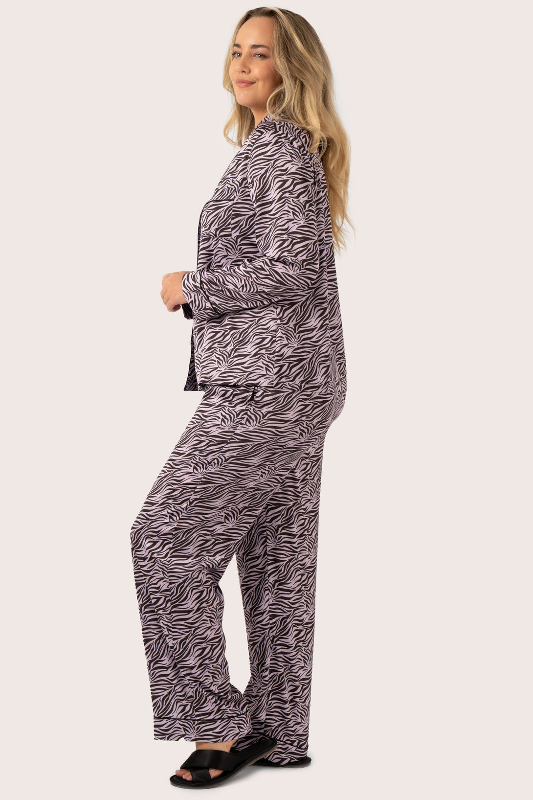 Lilac Wild Zebra Satin - Long Sleeve Button Up Shirt & Pants Pyjama Set-Activewear-Exoticathletica