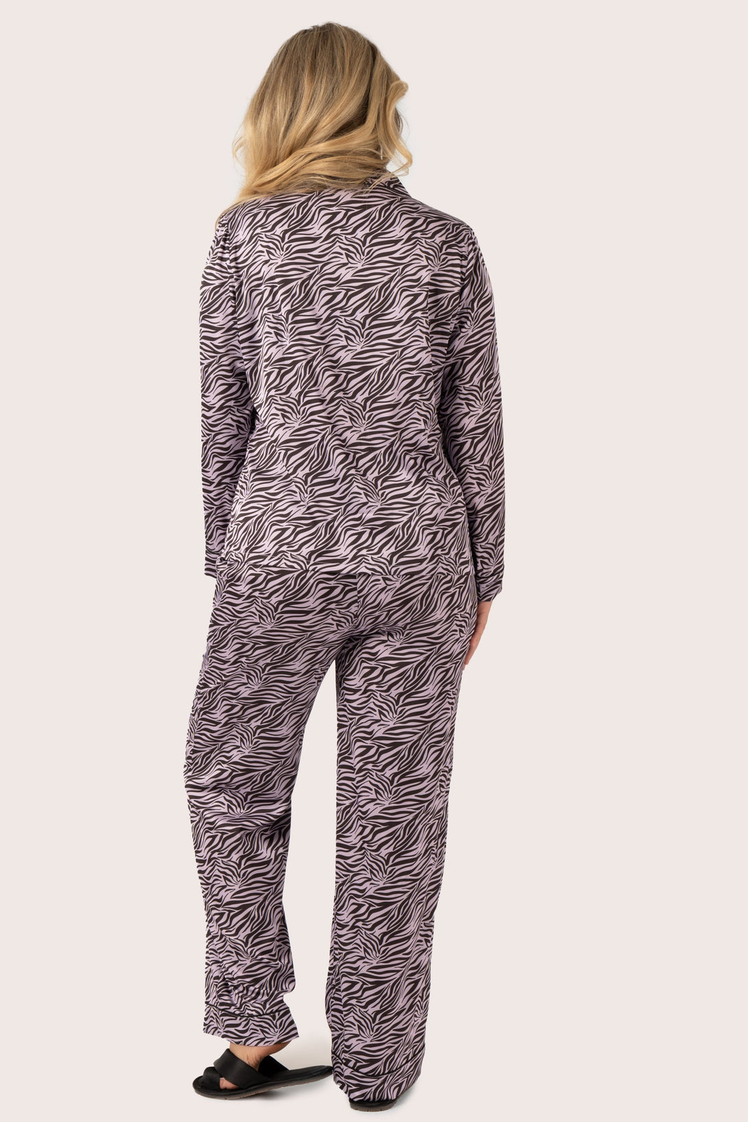 Lilac Wild Zebra Satin - Long Sleeve Button Up Shirt & Pants Pyjama Set-Activewear-Exoticathletica