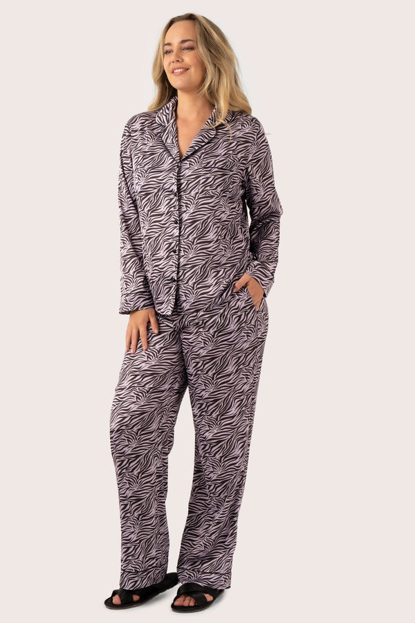 Lilac Wild Zebra Satin - Long Sleeve Button Up Shirt & Pants Pyjama Set-Activewear-Exoticathletica