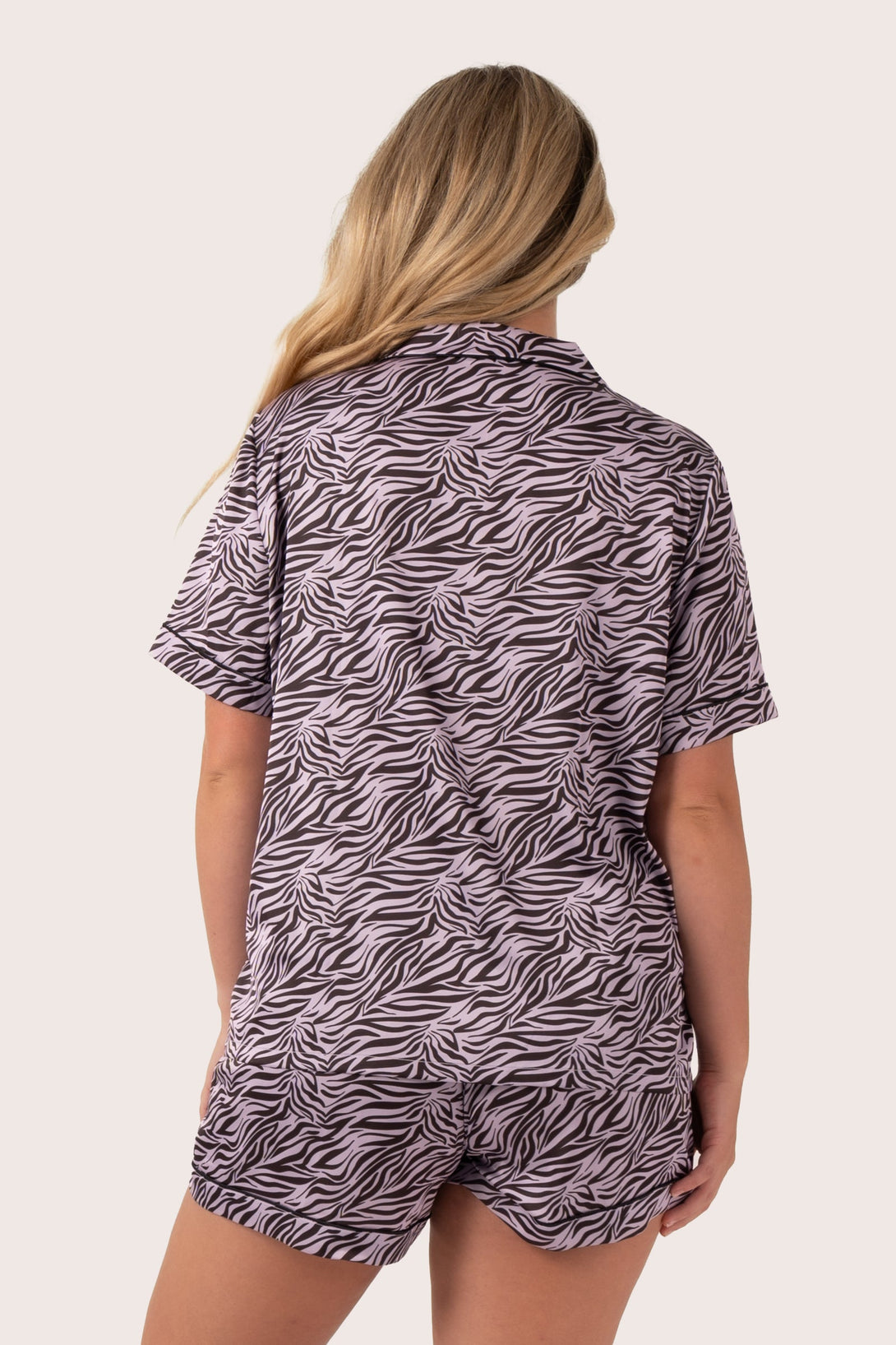 Lilac Wild Zebra Satin - Short Sleeve Button Up Shirt & Shorts Pyjama Set-Activewear-Exoticathletica