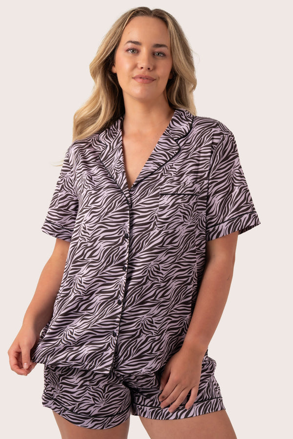 Lilac Wild Zebra Satin - Short Sleeve Button Up Shirt & Shorts Pyjama Set-Activewear-Exoticathletica