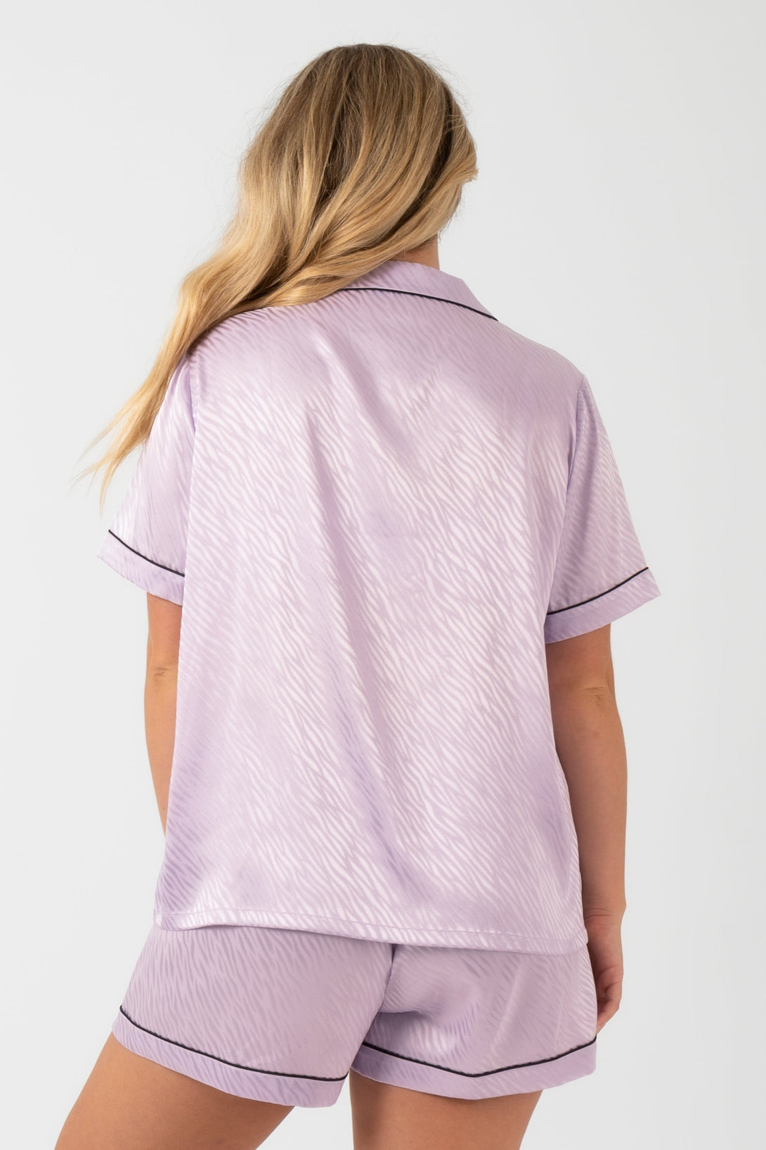 Lilac Zebra Jaquard Satin - Short Sleeve Button Up Shirt & Shorts Pyjama Set-Activewear-Exoticathletica