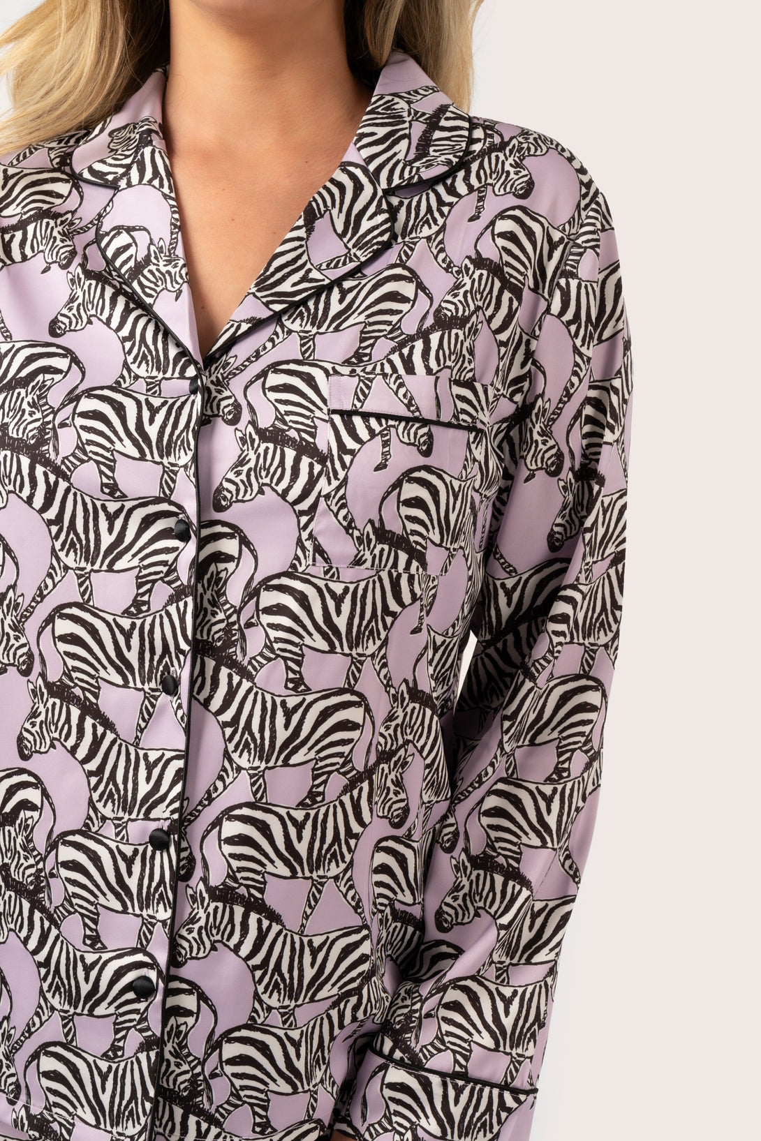 Lilac Zebra Zen Satin - Long Sleeve Button Up Shirt & Pants Pyjama Set-Activewear-Exoticathletica