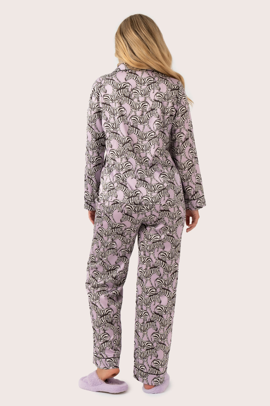 Lilac Zebra Zen Satin - Long Sleeve Button Up Shirt & Pants Pyjama Set-Activewear-Exoticathletica