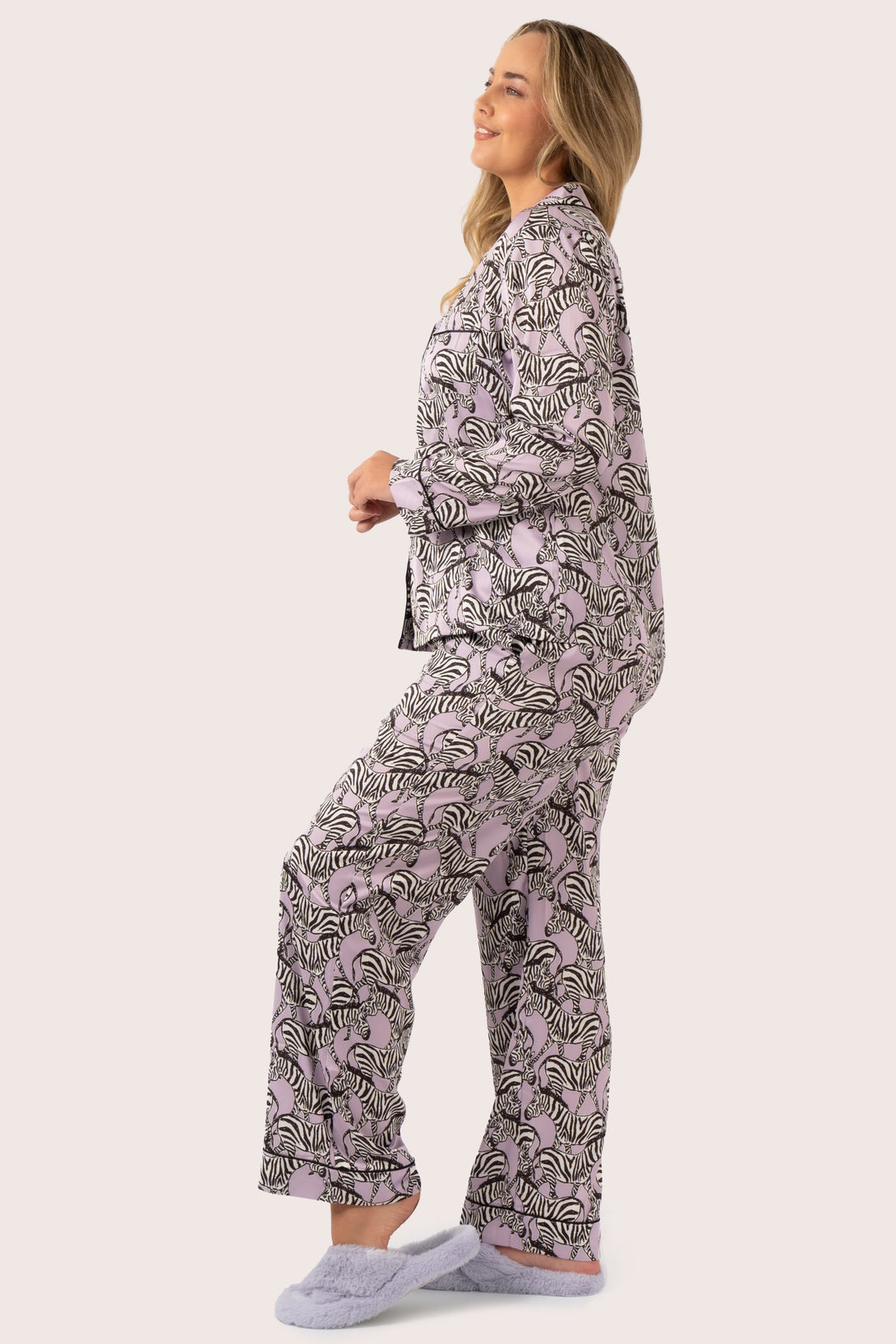 Lilac Zebra Zen Satin - Long Sleeve Button Up Shirt & Pants Pyjama Set-Activewear-Exoticathletica