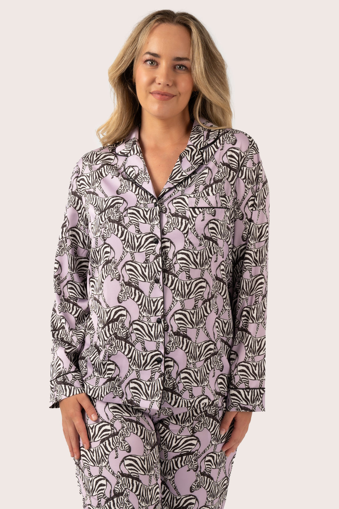 Lilac Zebra Zen Satin - Long Sleeve Button Up Shirt & Pants Pyjama Set-Activewear-Exoticathletica