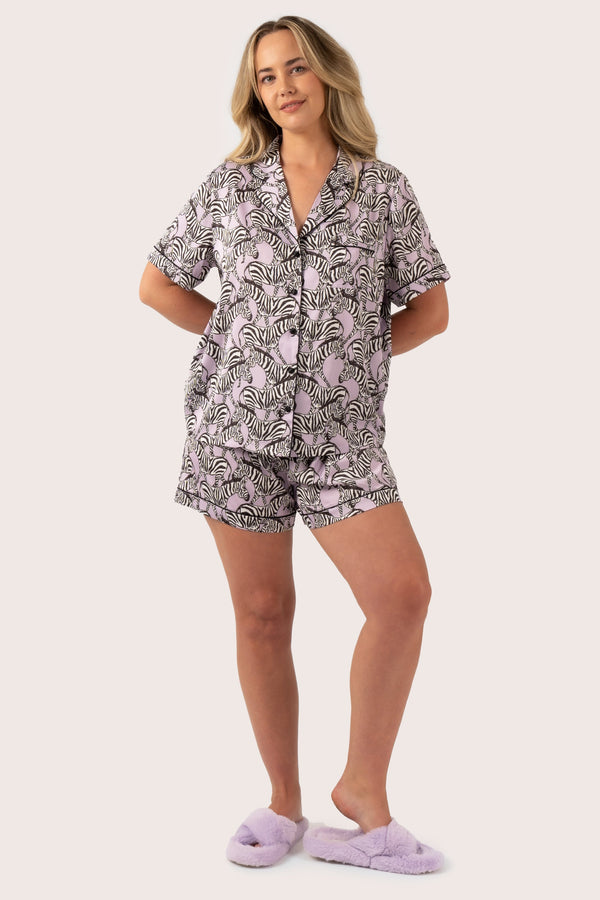 Lilac Zebra Zen Satin - Short Sleeve Button Up Shirt & Shorts Pyjama Set-Activewear-Exoticathletica