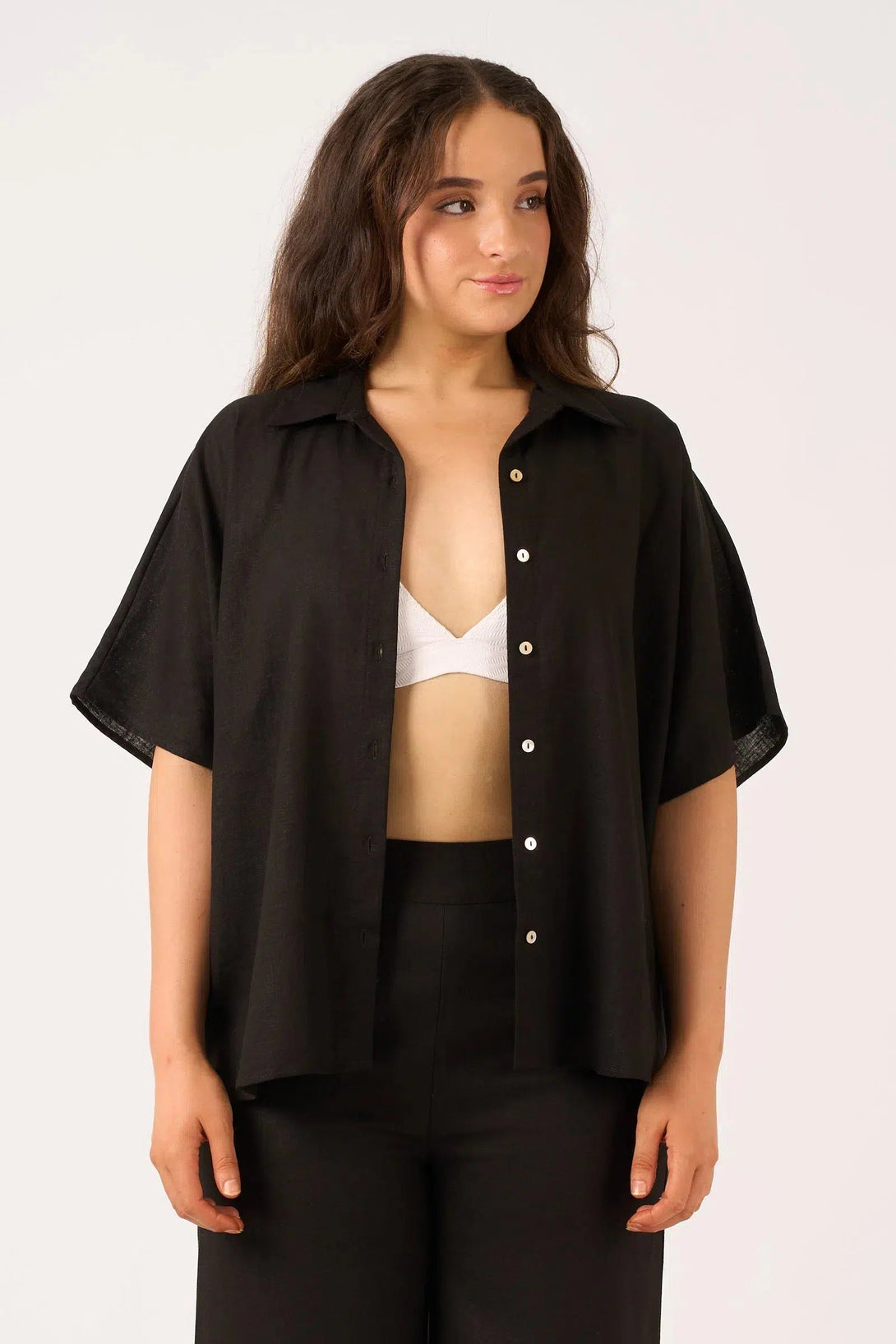 Linen Blend Boxy Shirt - Black-Activewear-Exoticathletica