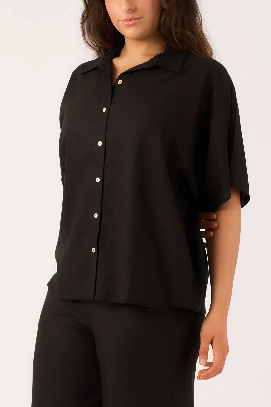 Linen Blend Boxy Shirt - Black-Activewear-Exoticathletica