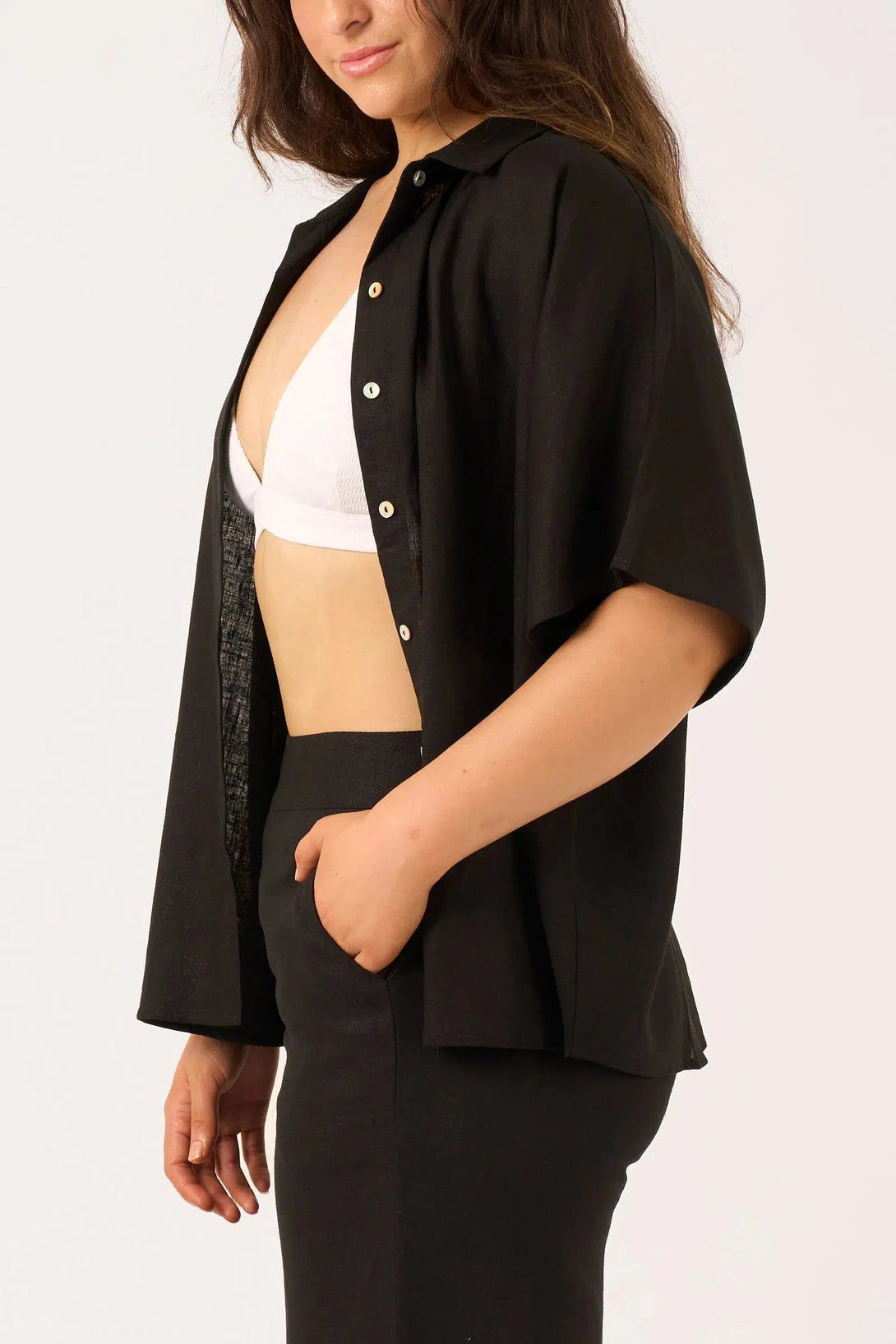 Linen Blend Boxy Shirt - Black-Activewear-Exoticathletica