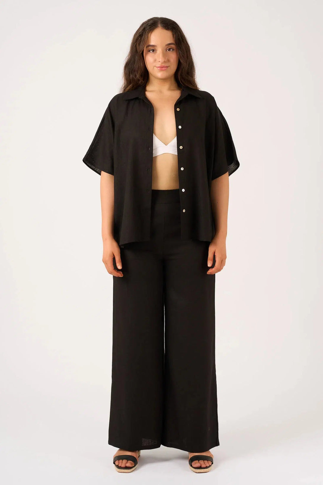 Linen Blend Boxy Shirt - Black-Activewear-Exoticathletica