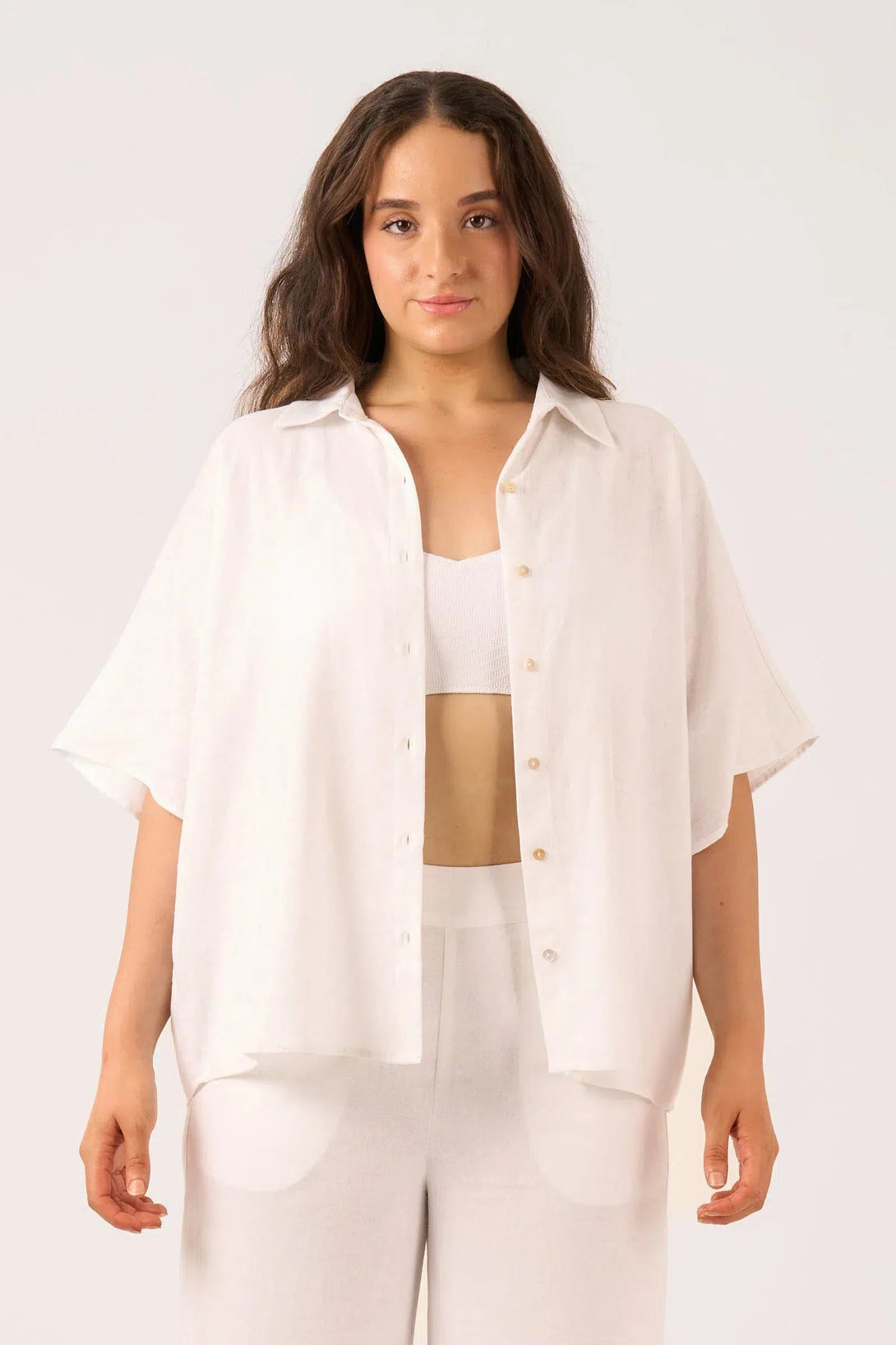 Linen Blend Boxy Shirt - White-Activewear-Exoticathletica