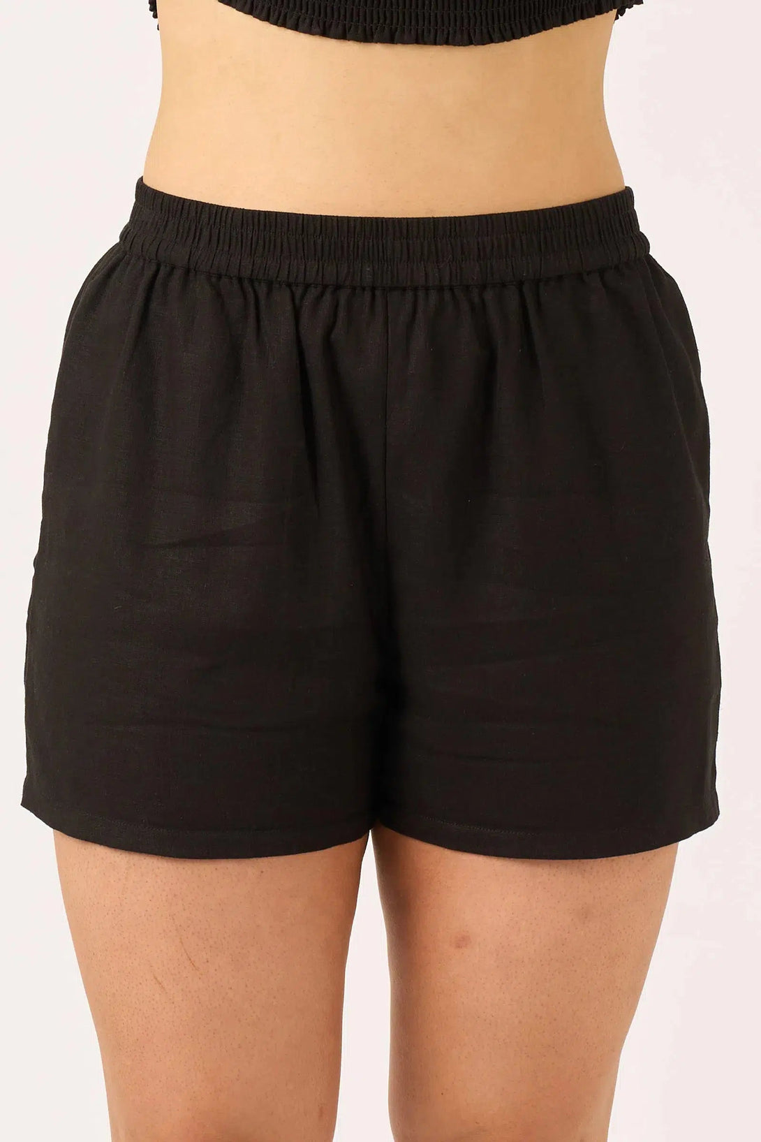 Linen Blend Pull On Short - Black-Activewear-Exoticathletica