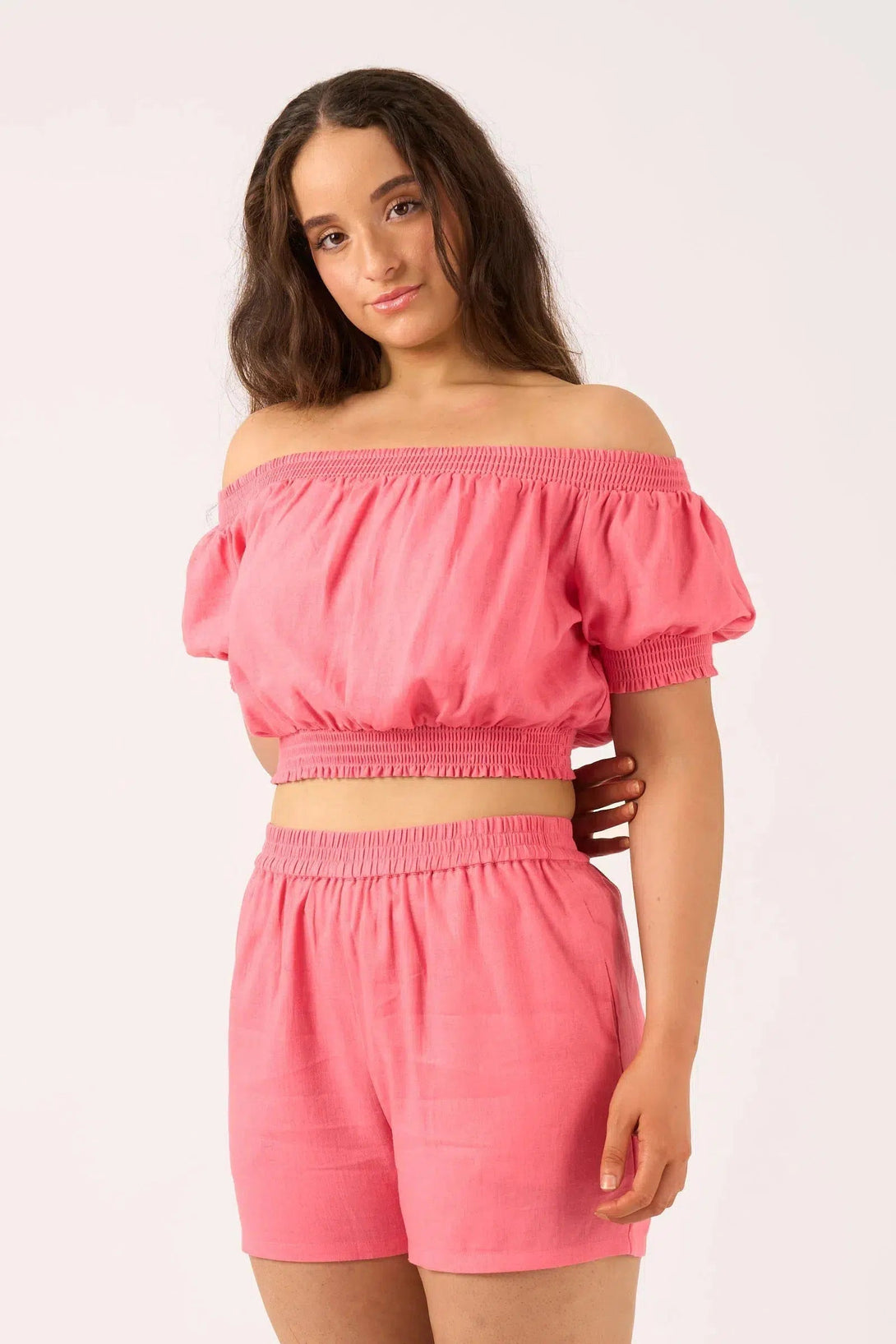 Linen Blend Pull On Short - Bubblegum Pink-Activewear-Exoticathletica