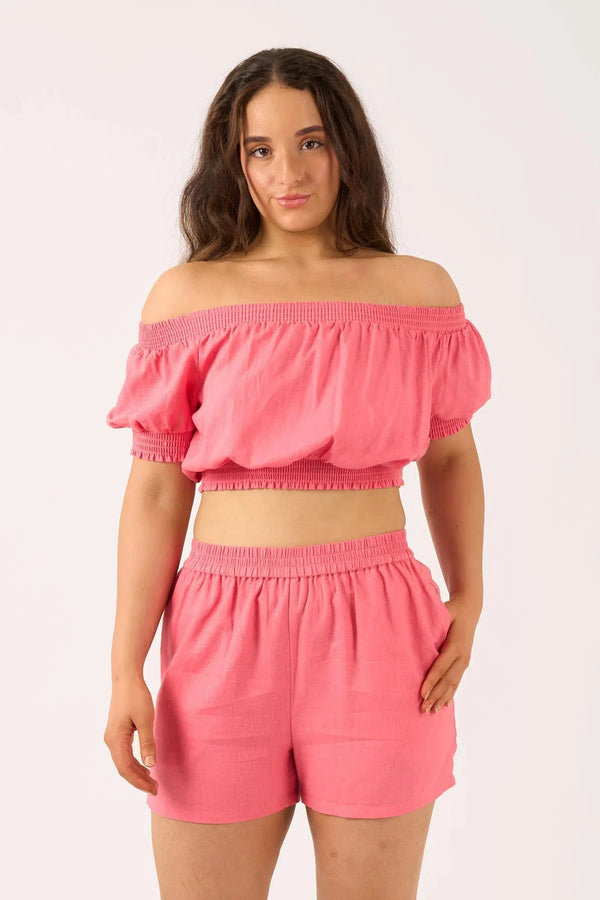 Linen Blend Pull On Short - Bubblegum Pink-Activewear-Exoticathletica