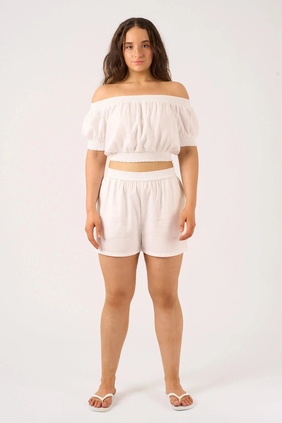 Linen Blend Pull On Short - White-Activewear-Exoticathletica