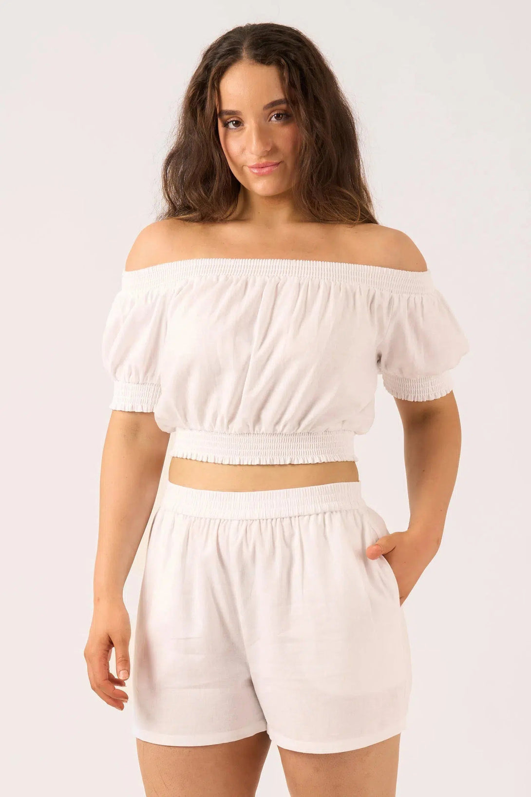 Linen Blend Pull On Short - White-Activewear-Exoticathletica