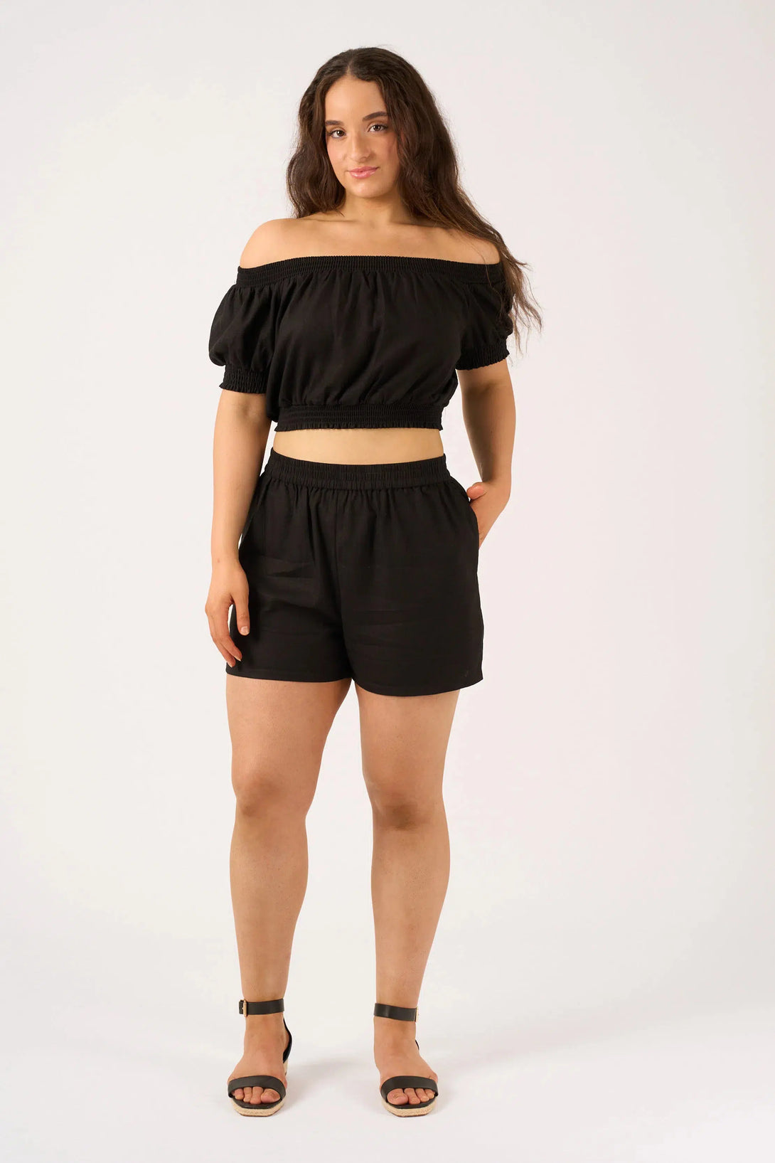 Linen Blend Shirred Bardot Crop Top - Black-Activewear-Exoticathletica