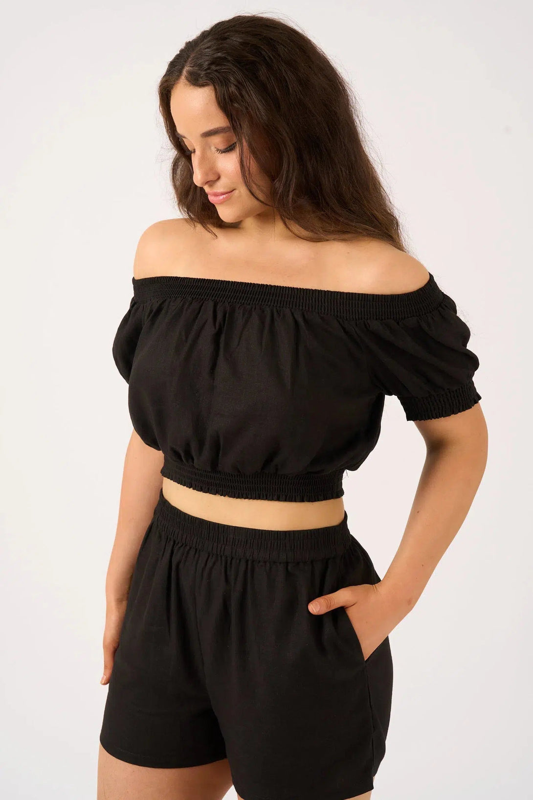 Linen Blend Shirred Bardot Crop Top - Black-Activewear-Exoticathletica