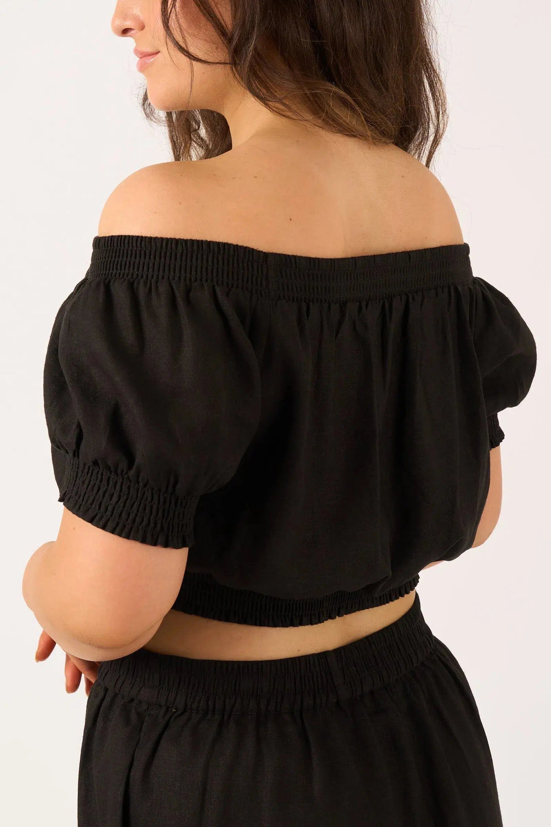 Linen Blend Shirred Bardot Crop Top - Black-Activewear-Exoticathletica