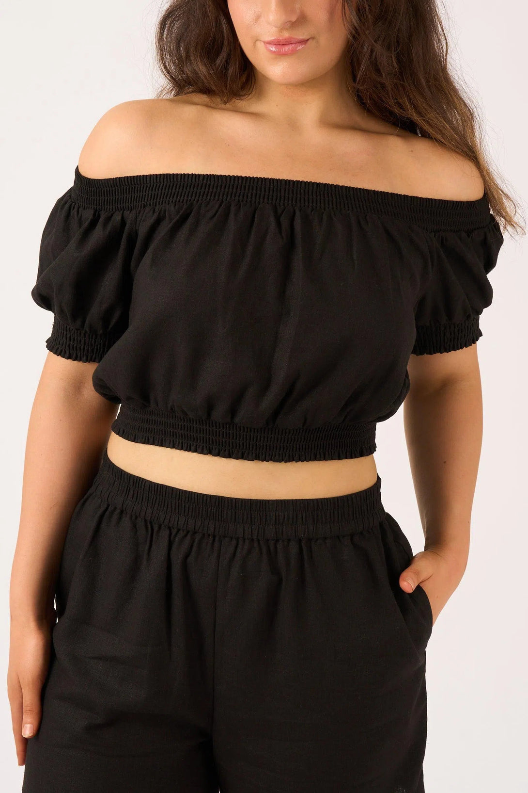 Linen Blend Shirred Bardot Crop Top - Black-Activewear-Exoticathletica