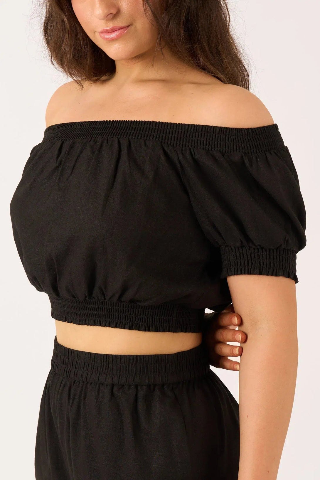 Linen Blend Shirred Bardot Crop Top - Black-Activewear-Exoticathletica