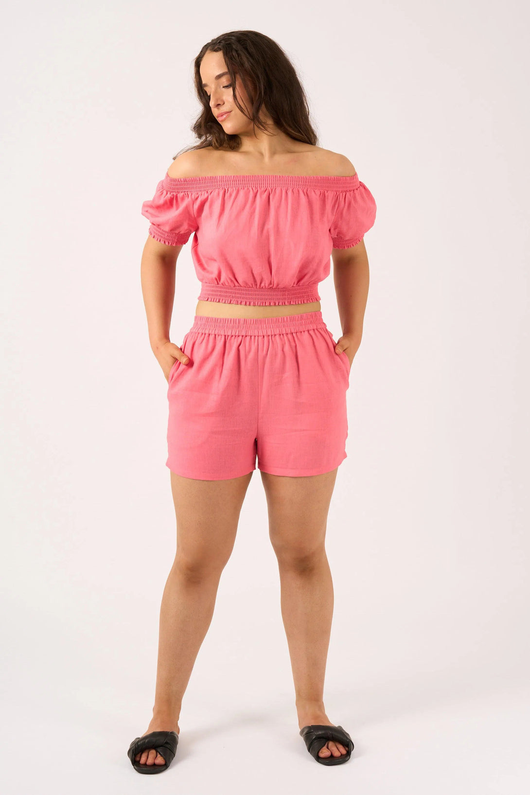 Linen Blend Shirred Bardot Crop Top - Bubblegum Pink-Activewear-Exoticathletica