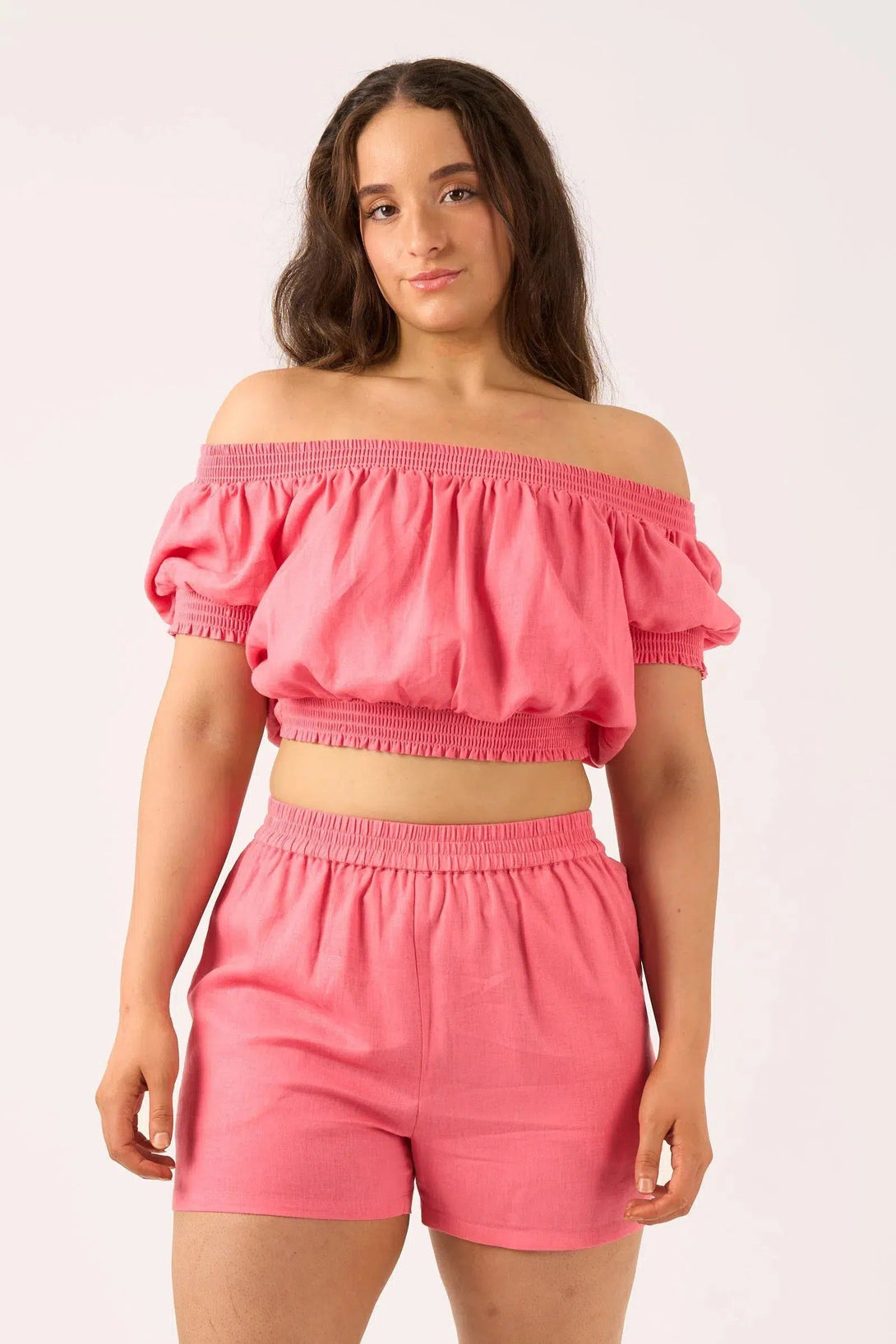 Linen Blend Shirred Bardot Crop Top - Bubblegum Pink-Activewear-Exoticathletica