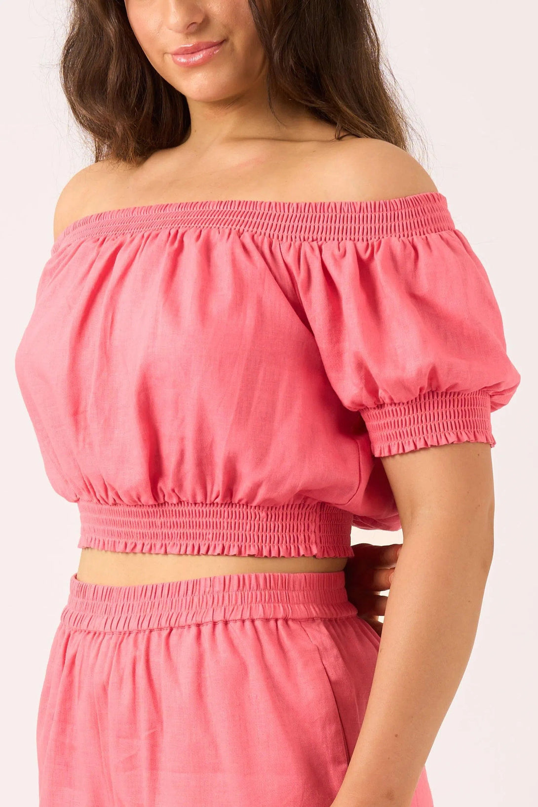 Linen Blend Shirred Bardot Crop Top - Bubblegum Pink-Activewear-Exoticathletica