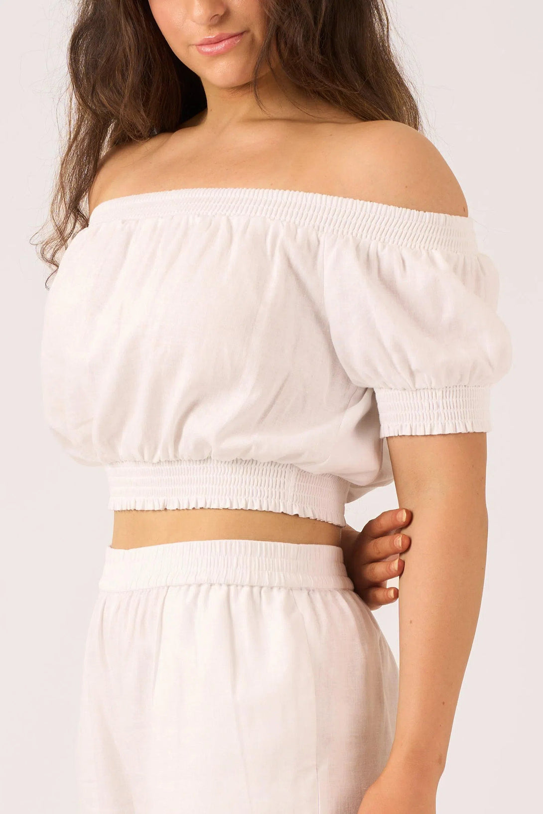 Linen Blend Shirred Bardot Crop Top - White-Activewear-Exoticathletica