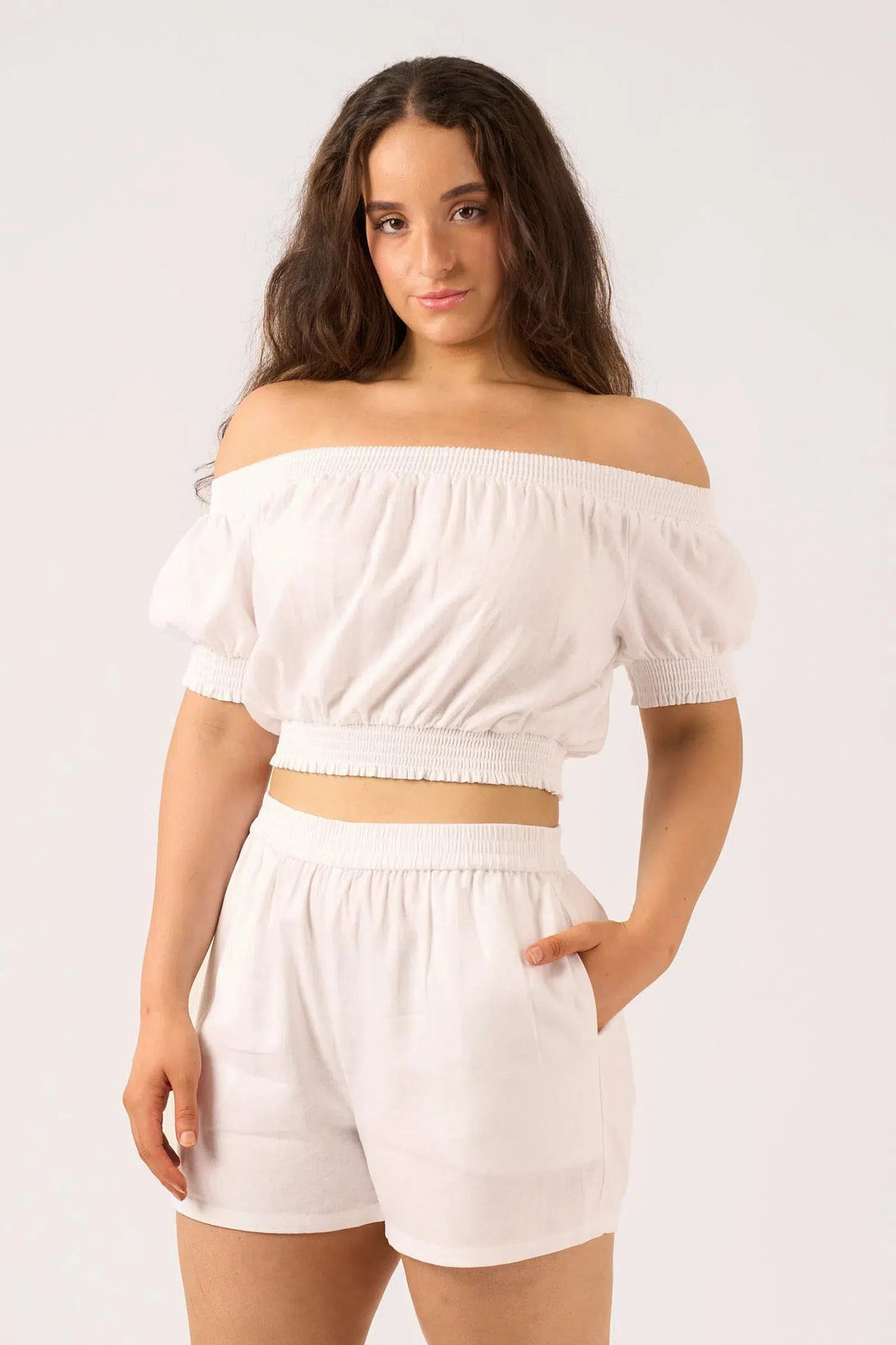 Linen Blend Shirred Bardot Crop Top - White-Activewear-Exoticathletica