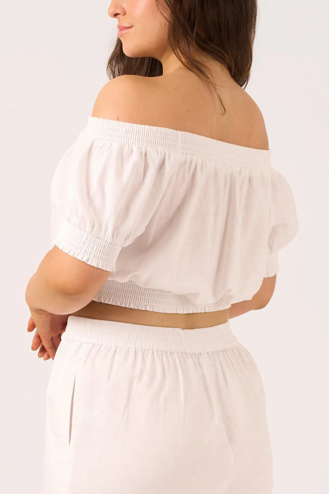 Linen Blend Shirred Bardot Crop Top - White-Activewear-Exoticathletica